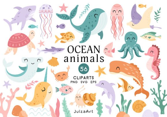 Download Cute Ocean Animal Clipart, Sea SVG PNG - Ocean animal Collection